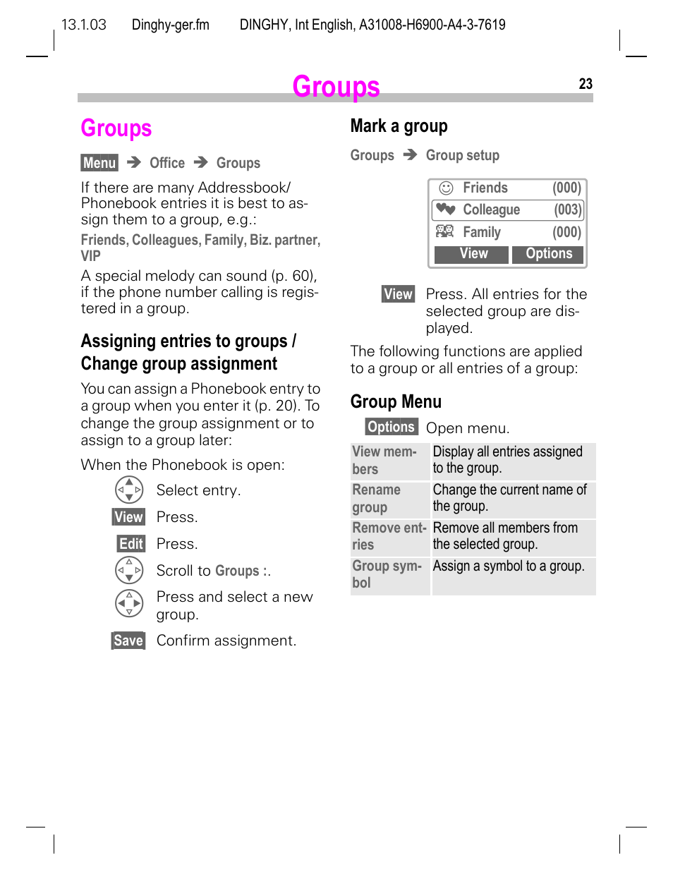 Groups, Mark a group, Group menu | Siemens CL50 User Manual | Page 24 / 86