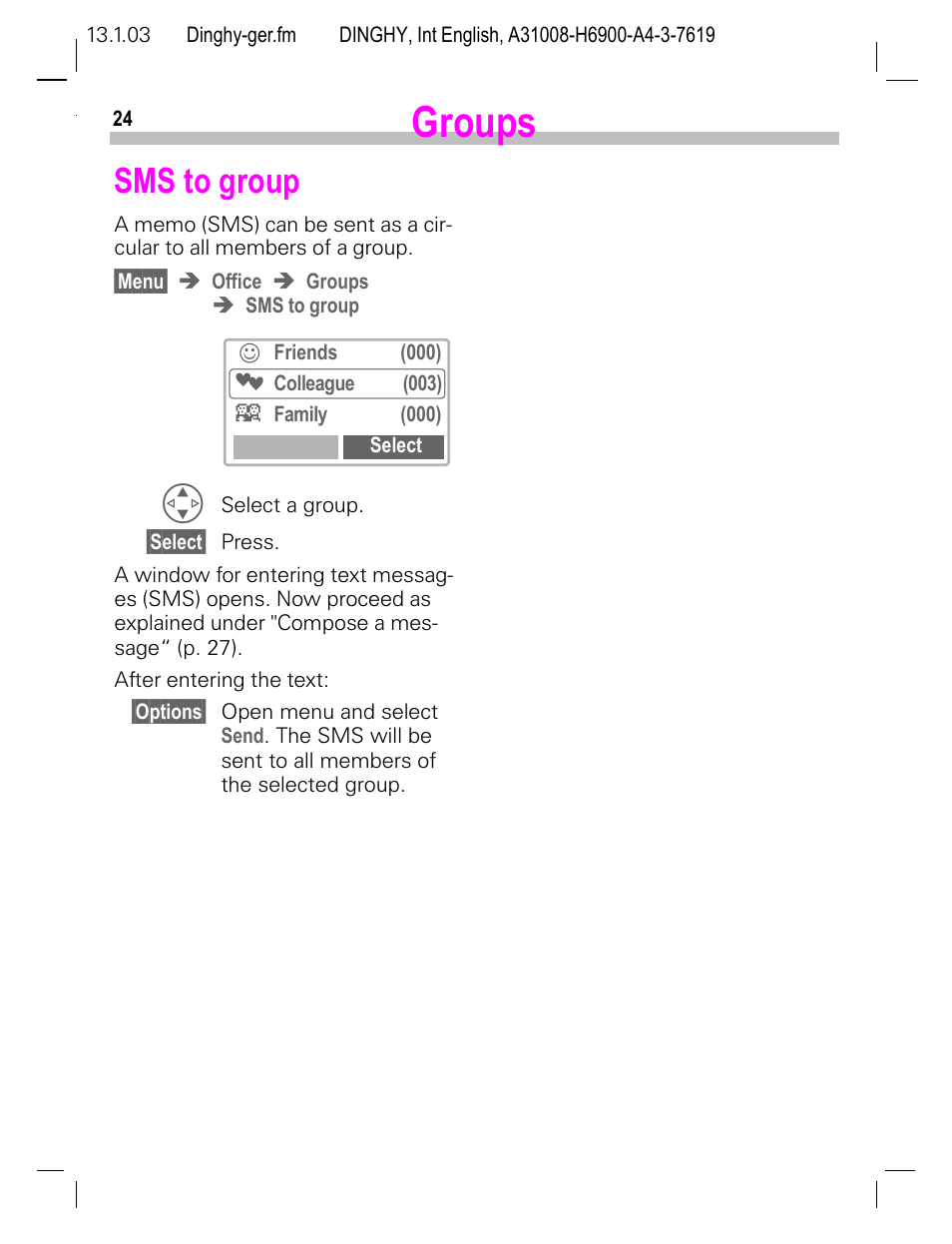 Sms to group, Groups | Siemens CL50 User Manual | Page 25 / 86