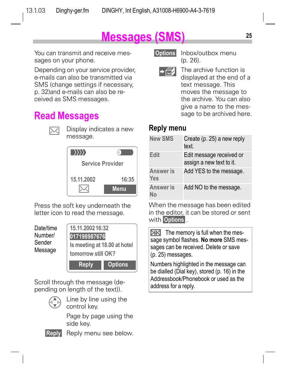 Messages (sms), Read messages, Reply menu | Siemens CL50 User Manual | Page 26 / 86