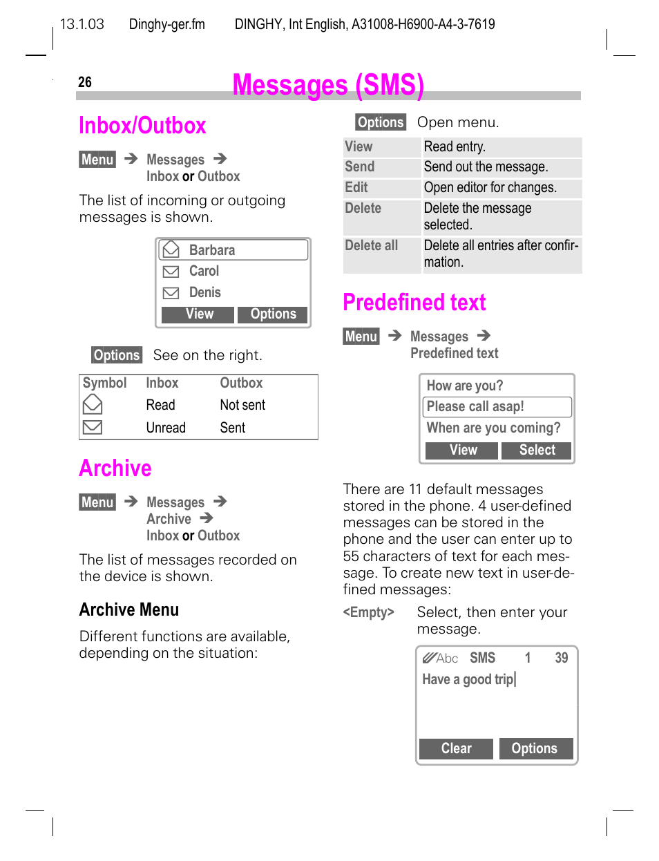 Inbox/outbox, Archive, Archive menu | Predefined text, P. 26), Messages (sms) | Siemens CL50 User Manual | Page 27 / 86