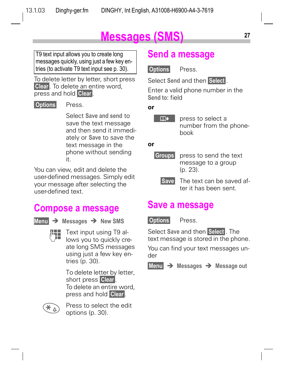 Compose a message, Send a message, Save a message | Messages (sms) | Siemens CL50 User Manual | Page 28 / 86