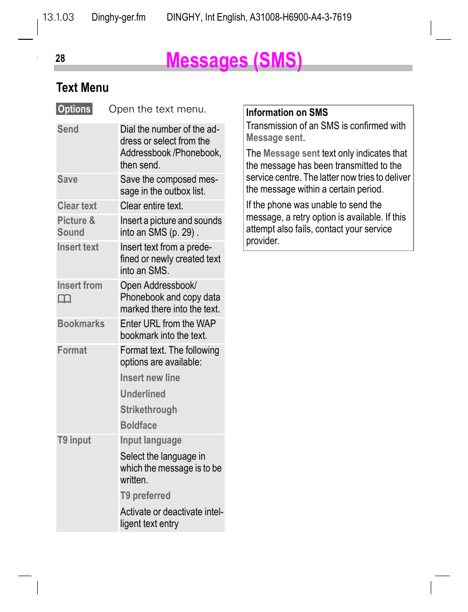 Text menu, Messages (sms) | Siemens CL50 User Manual | Page 29 / 86