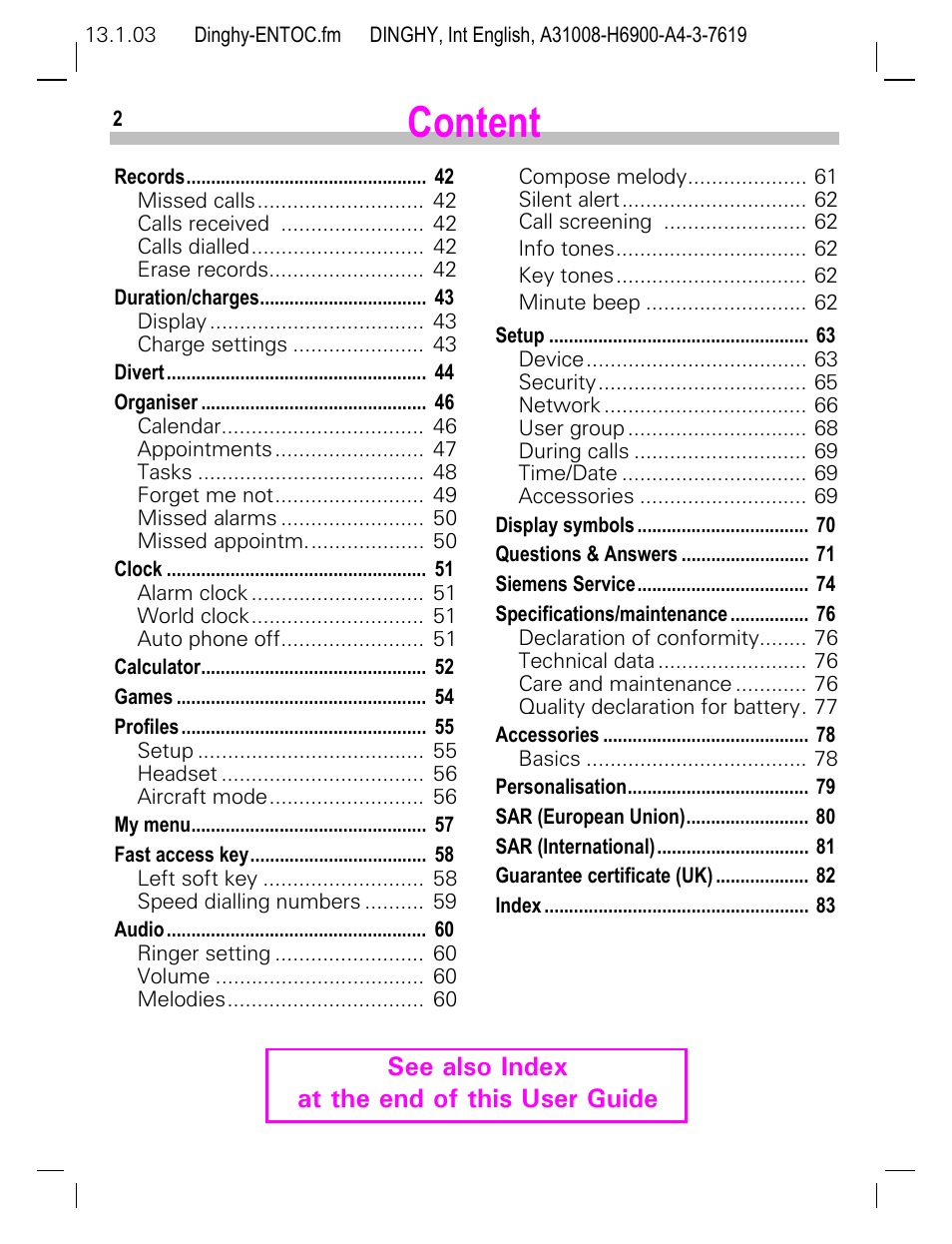 Content, See also index at the end of this user guide | Siemens CL50 User Manual | Page 3 / 86