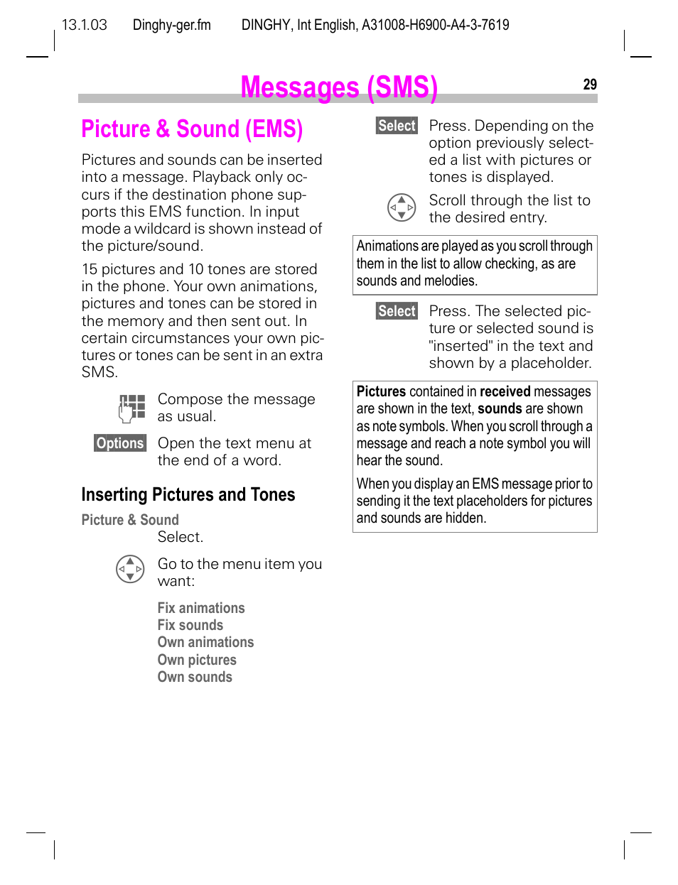 Picture & sound (ems), Inserting pictures and tones, Messages (sms) | Siemens CL50 User Manual | Page 30 / 86