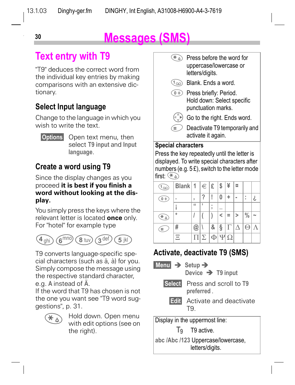 Text entry with t9, Select input language, Create a word using t9 | Activate, deactivate t9 (sms), Tries (p. 30), S (p. 30), P. 30), Messages (sms) | Siemens CL50 User Manual | Page 31 / 86