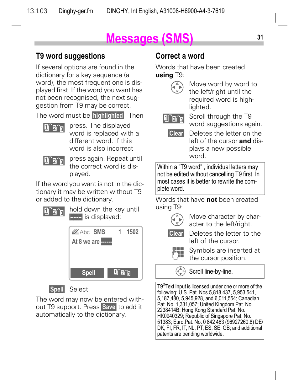 T9 word suggestions, Correct a word, Messages (sms) | Siemens CL50 User Manual | Page 32 / 86