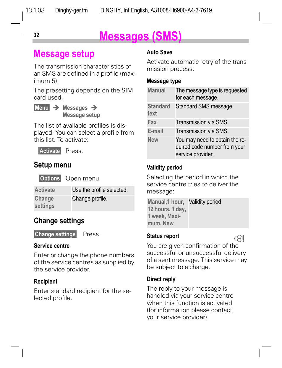 Message setup, Setup menu, Change settings | P. 32), Messages (sms) | Siemens CL50 User Manual | Page 33 / 86