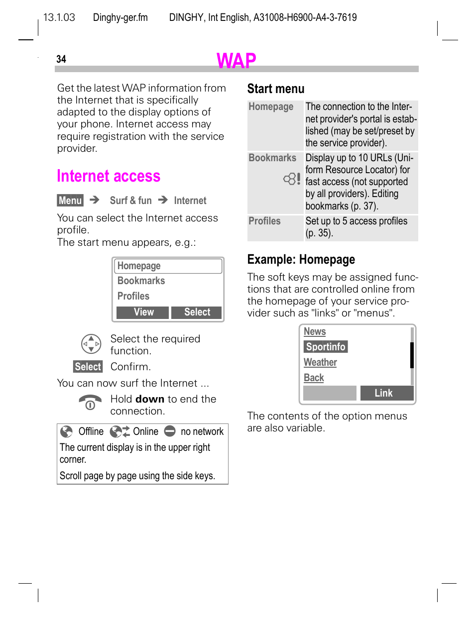 Internet access, Start menu | Siemens CL50 User Manual | Page 35 / 86