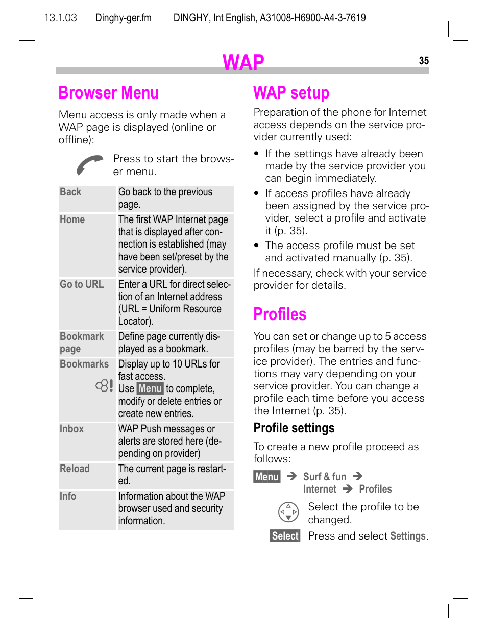 Browser menu, Wap setup, Profiles | Profile settings | Siemens CL50 User Manual | Page 36 / 86