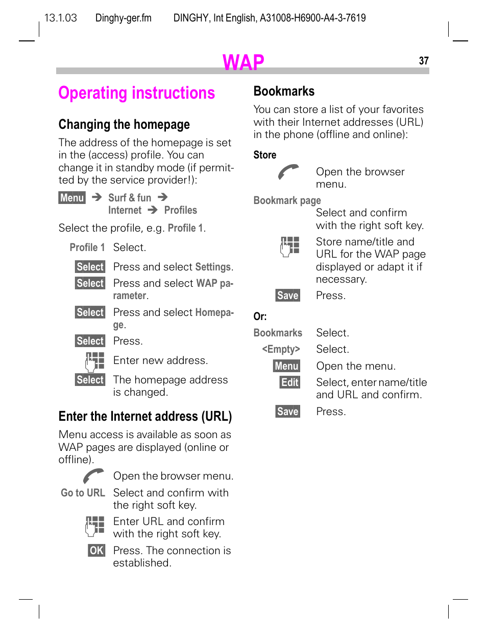 Operating instructions, Enter the internet address (url), Bookmarks | Siemens CL50 User Manual | Page 38 / 86