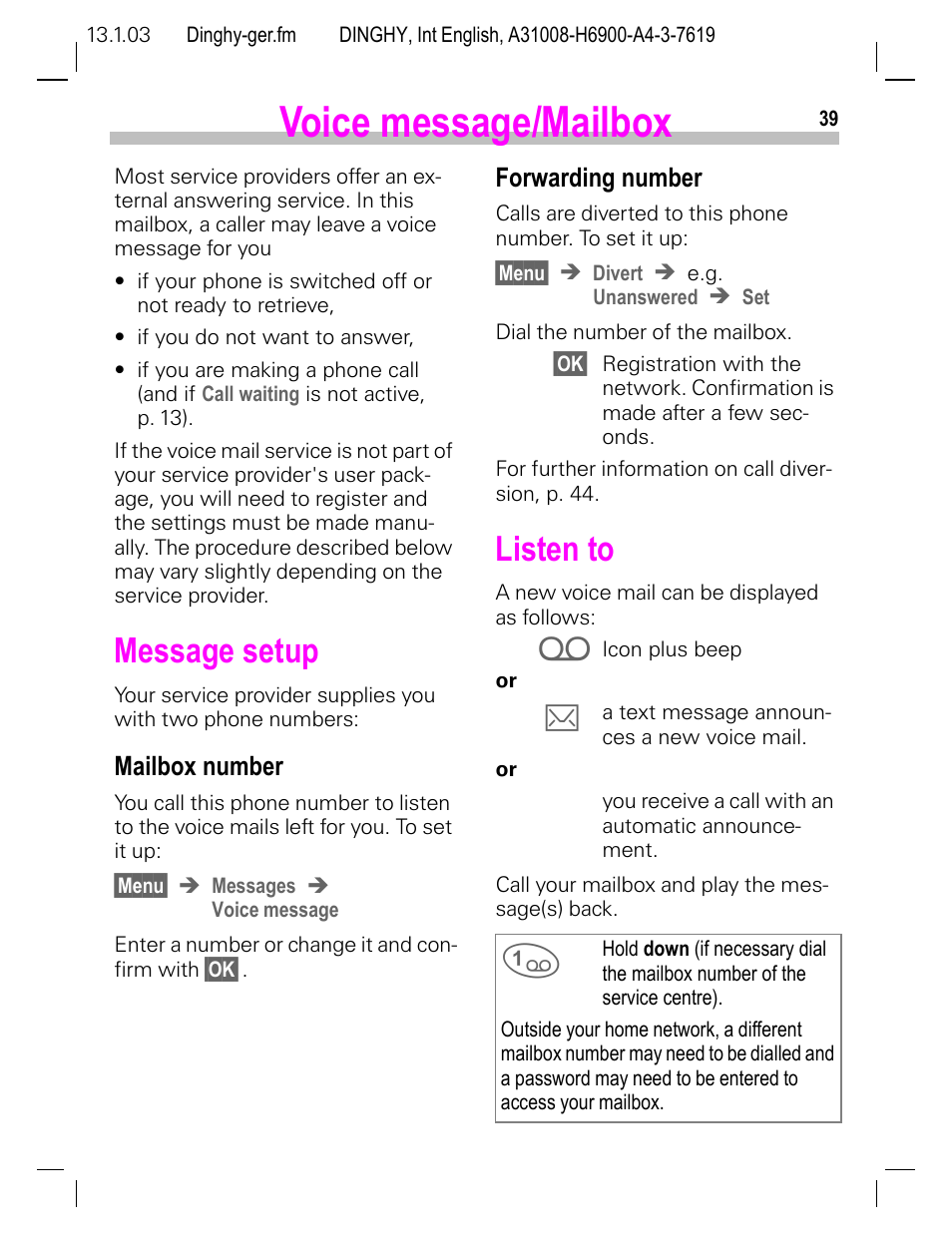 Voice message/mailbox, Message setup, Mailbox number | Forwarding number, Listen to | Siemens CL50 User Manual | Page 40 / 86