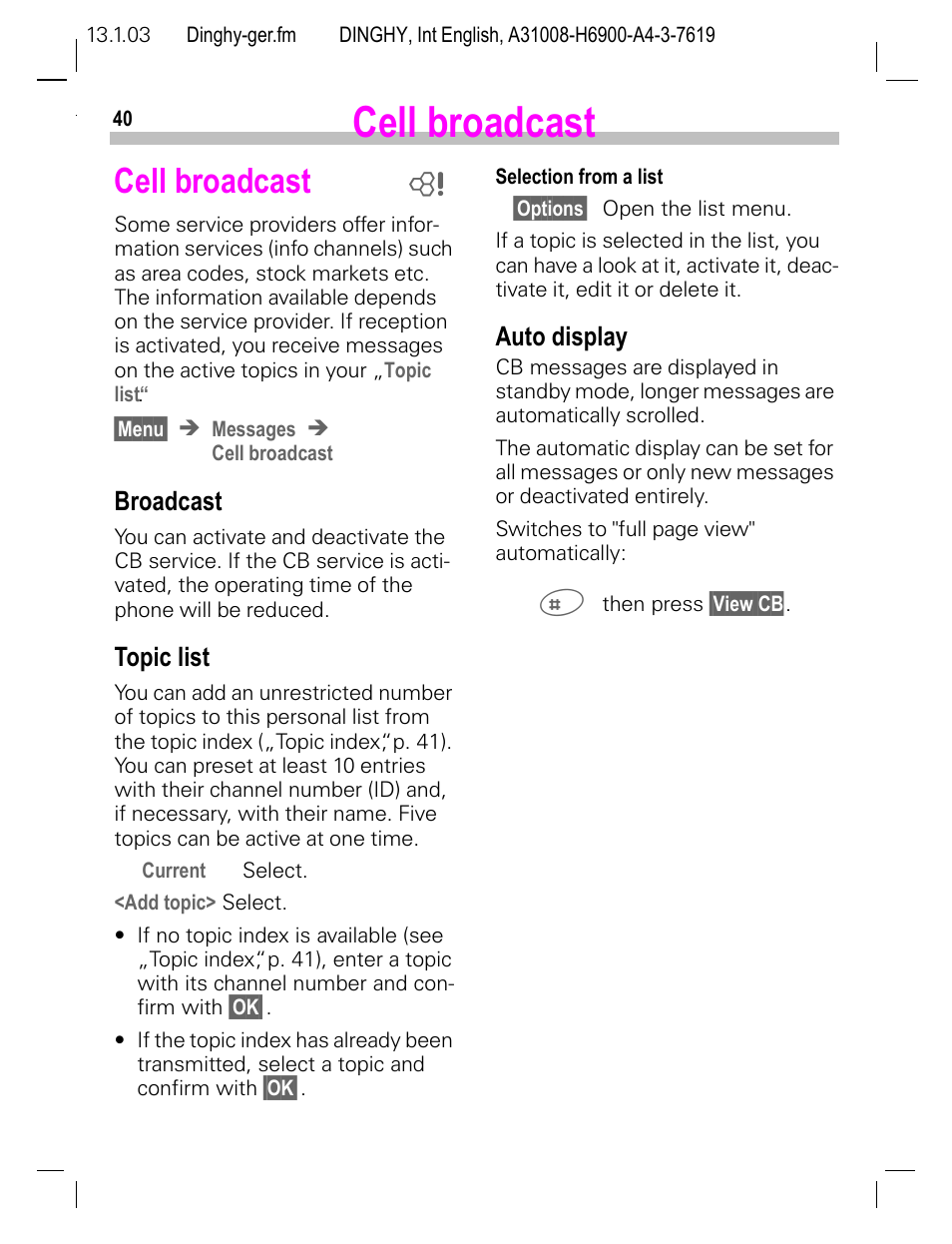 Cell broadcast, Broadcast, Topic list | Auto display | Siemens CL50 User Manual | Page 41 / 86