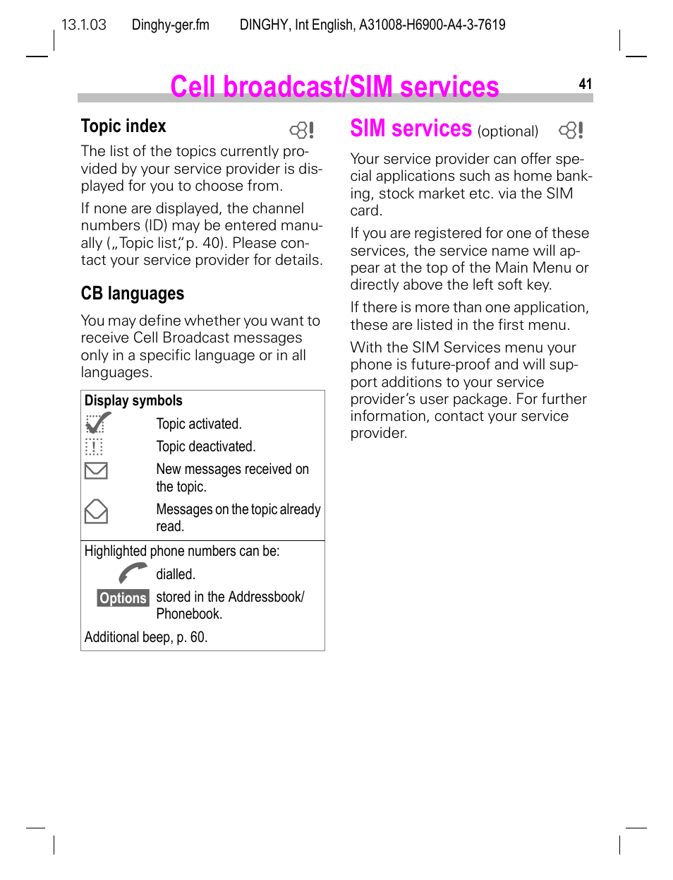 Topic index, Cb languages, Sim services (optional) | Sim services (opti, Cell broadcast/sim services, Sim services | Siemens CL50 User Manual | Page 42 / 86