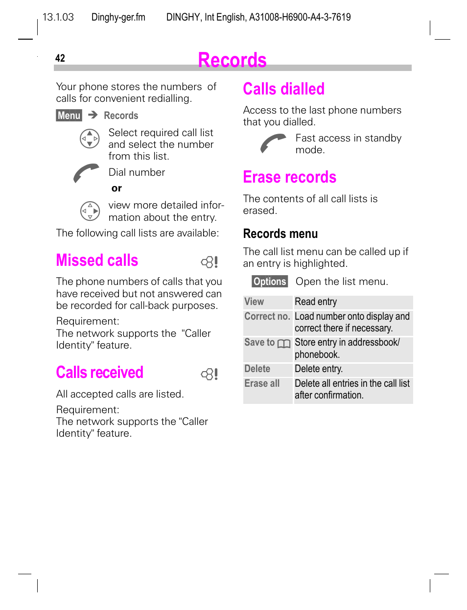 Records, Missed calls, Calls received | Calls dialled, Erase records, Records menu, P. 42), Es (p. 42) | Siemens CL50 User Manual | Page 43 / 86