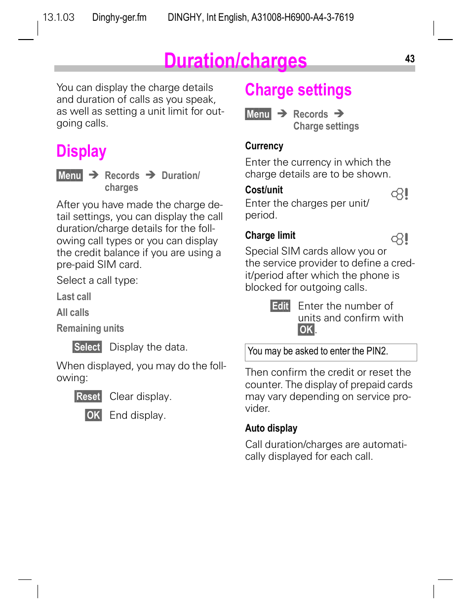 Duration/charges, Display, Charge settings | P. 43) th | Siemens CL50 User Manual | Page 44 / 86