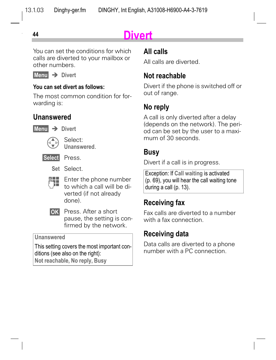 Divert, Unanswered, All calls | Not reachable, No reply, Busy, Receiving fax, Receiving data, T (p. 44) | Siemens CL50 User Manual | Page 45 / 86