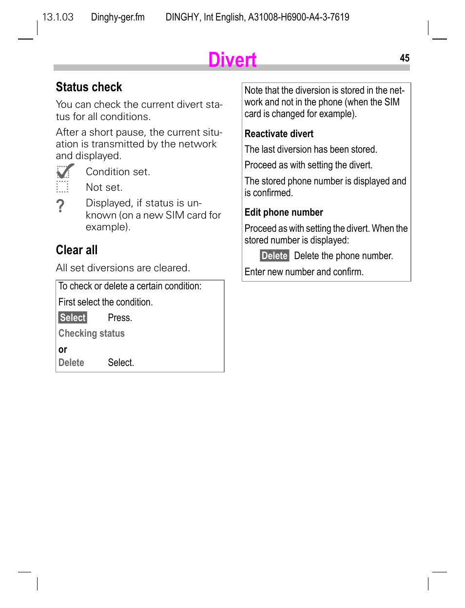 Status check, Clear all, Divert | Siemens CL50 User Manual | Page 46 / 86