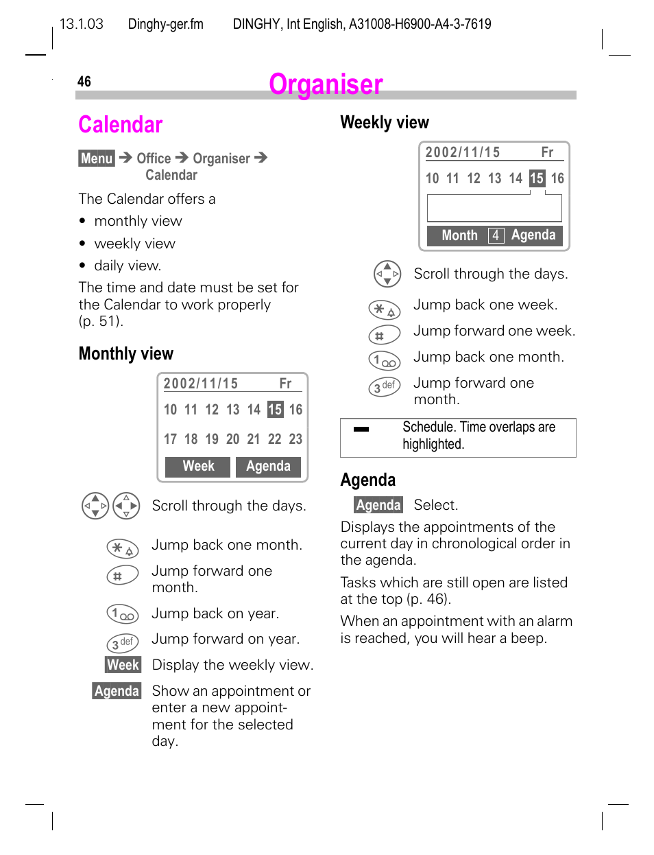 Organiser, Calendar, Monthly view | Weekly view, Agenda | Siemens CL50 User Manual | Page 47 / 86