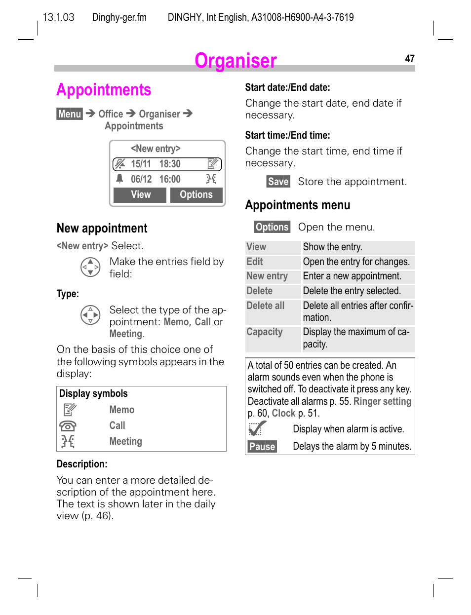 Appointments, New appointment, Appointments menu | Organiser | Siemens CL50 User Manual | Page 48 / 86