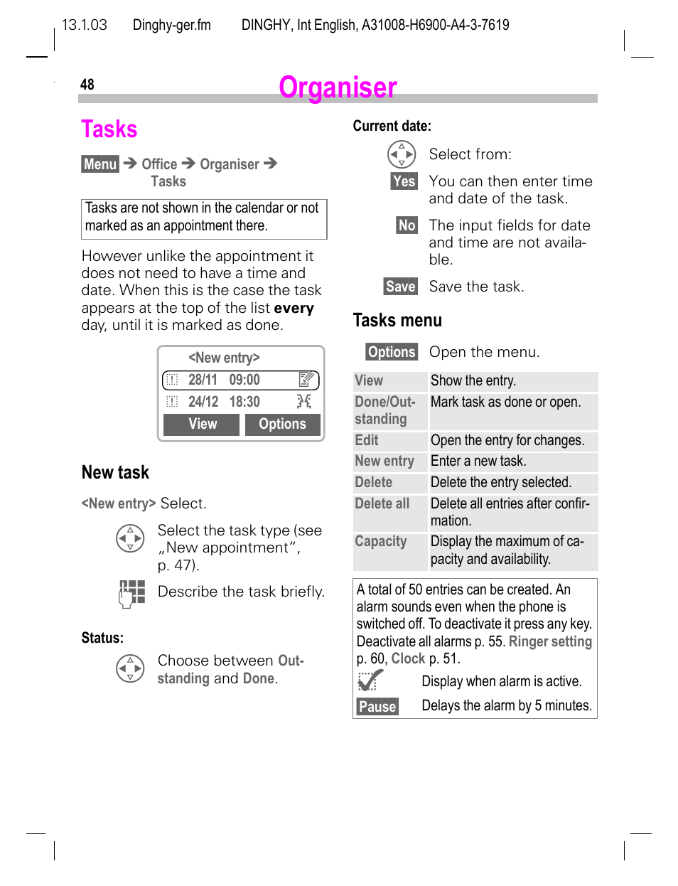 Tasks, New task, Tasks menu | Organiser | Siemens CL50 User Manual | Page 49 / 86