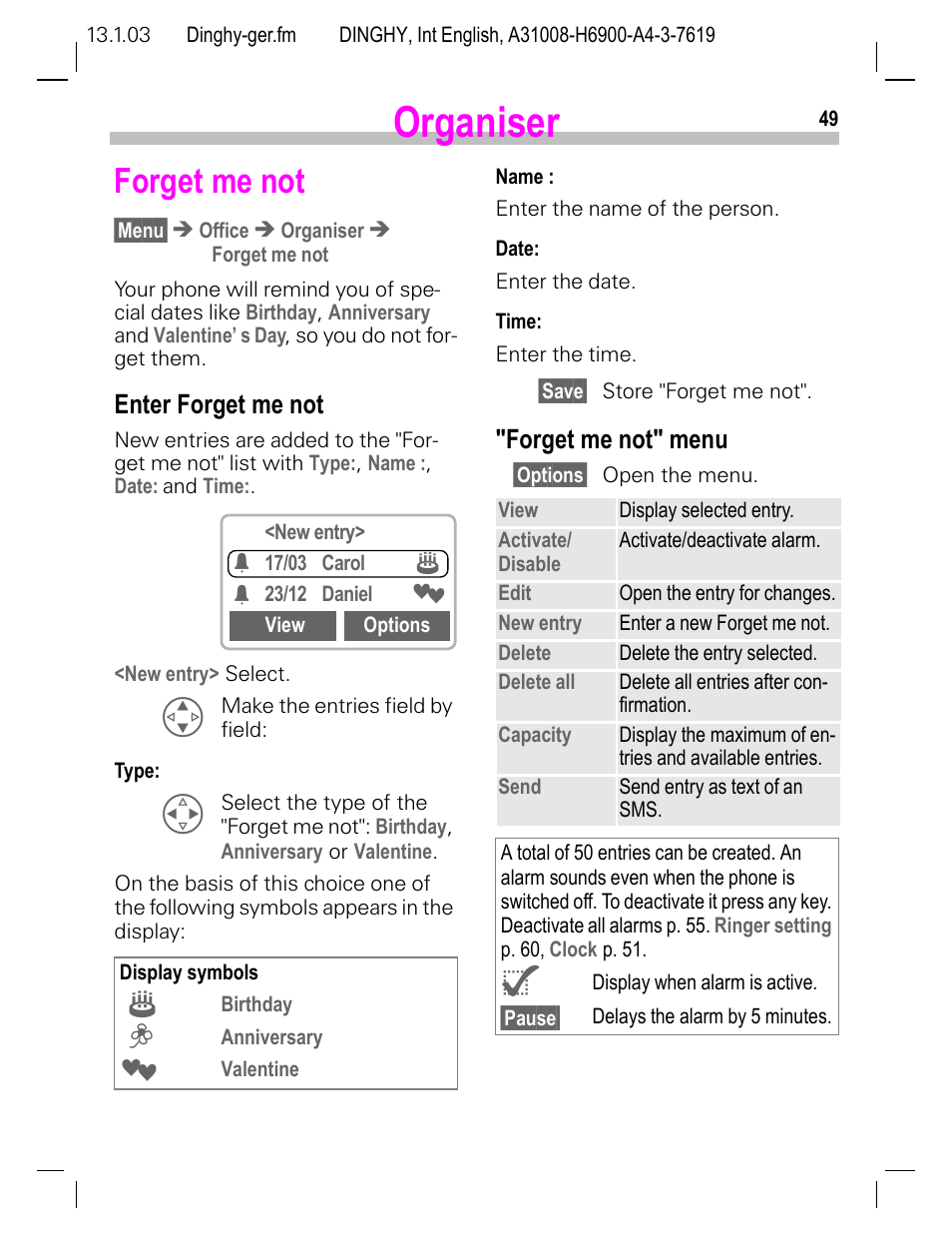 Forget me not, Enter forget me not, Forget me not" menu | Organiser | Siemens CL50 User Manual | Page 50 / 86