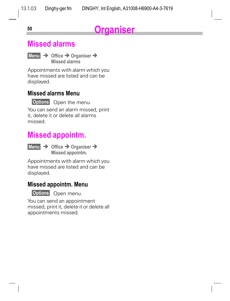 Missed alarms, Missed alarms menu, Missed appointm | Missed appointm. menu, Organiser | Siemens CL50 User Manual | Page 51 / 86