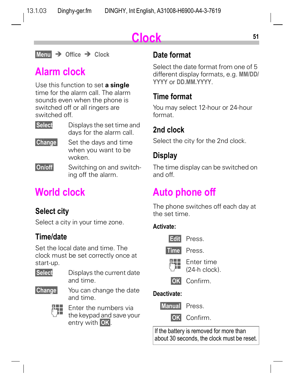 Clock, Alarm clock, World clock | Select city, Time/date, Date format, Time format, 2nd clock, Display, Auto phone off | Siemens CL50 User Manual | Page 52 / 86