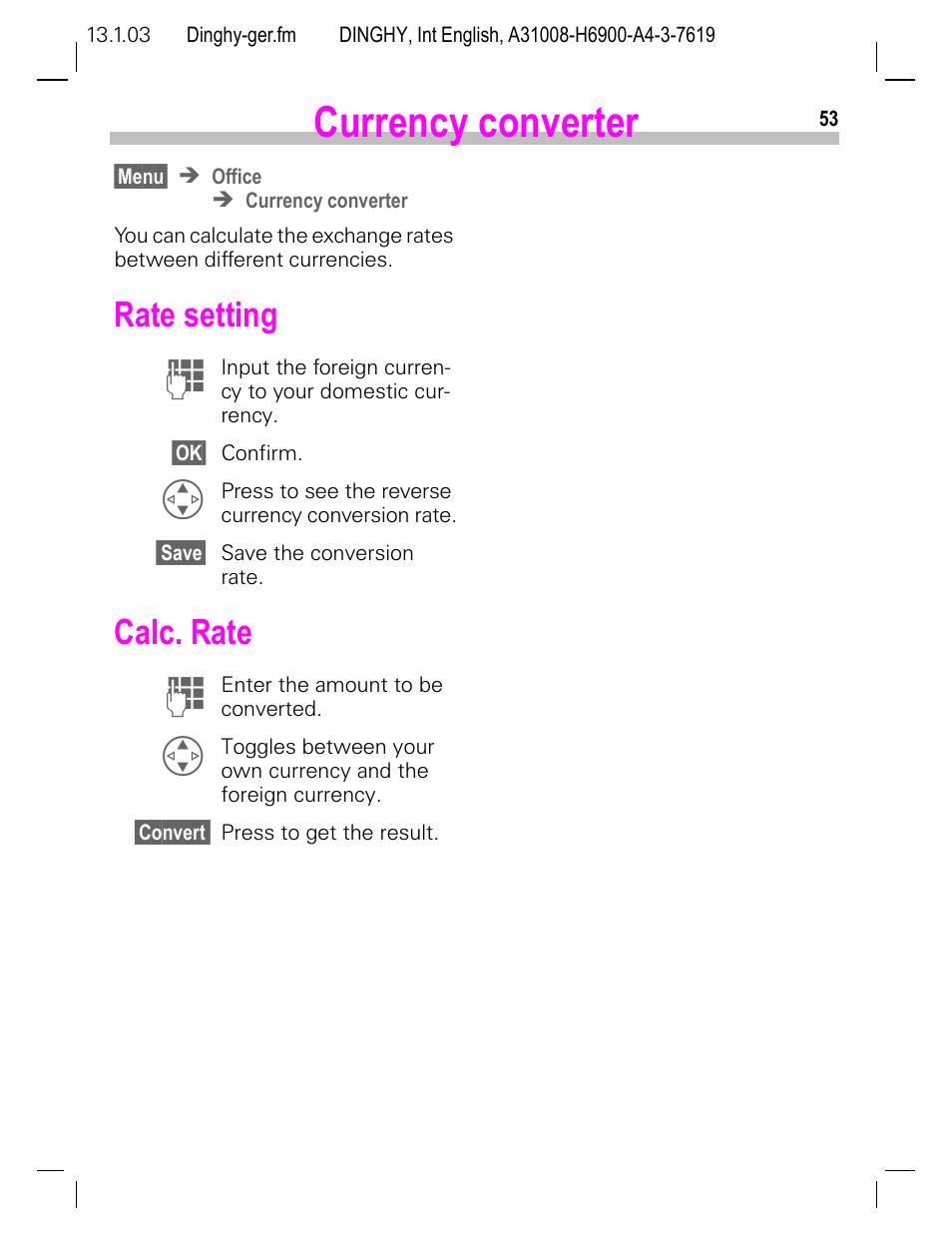 Currency converter, Rate setting, Calc. rate | Siemens CL50 User Manual | Page 54 / 86