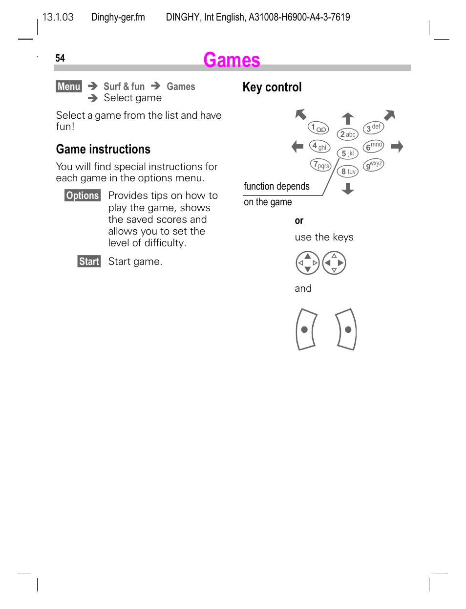 Games, Game instructions, Key control | Siemens CL50 User Manual | Page 55 / 86