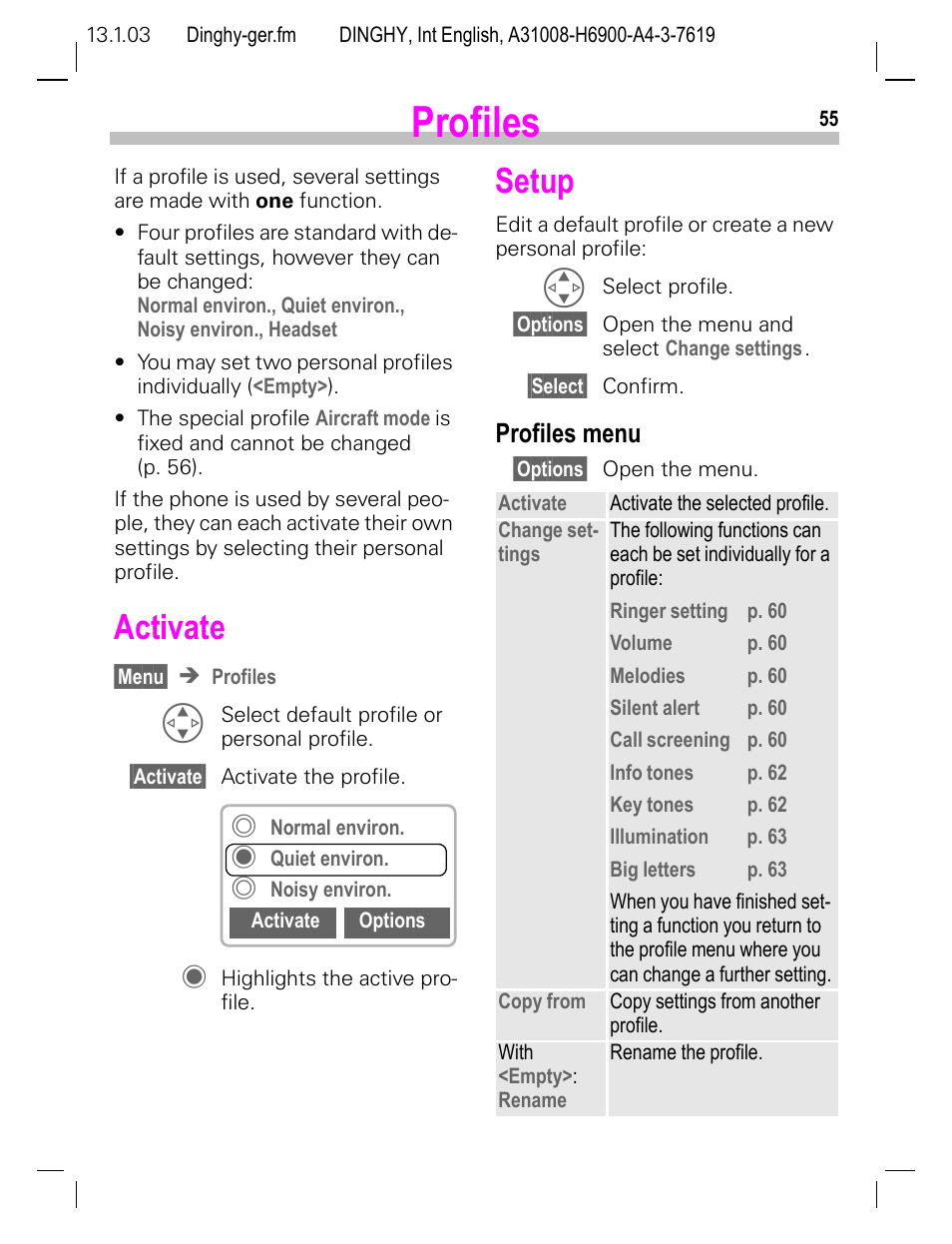 Profiles, Setup, Profiles menu | All alarms p. 55, Activate | Siemens CL50 User Manual | Page 56 / 86