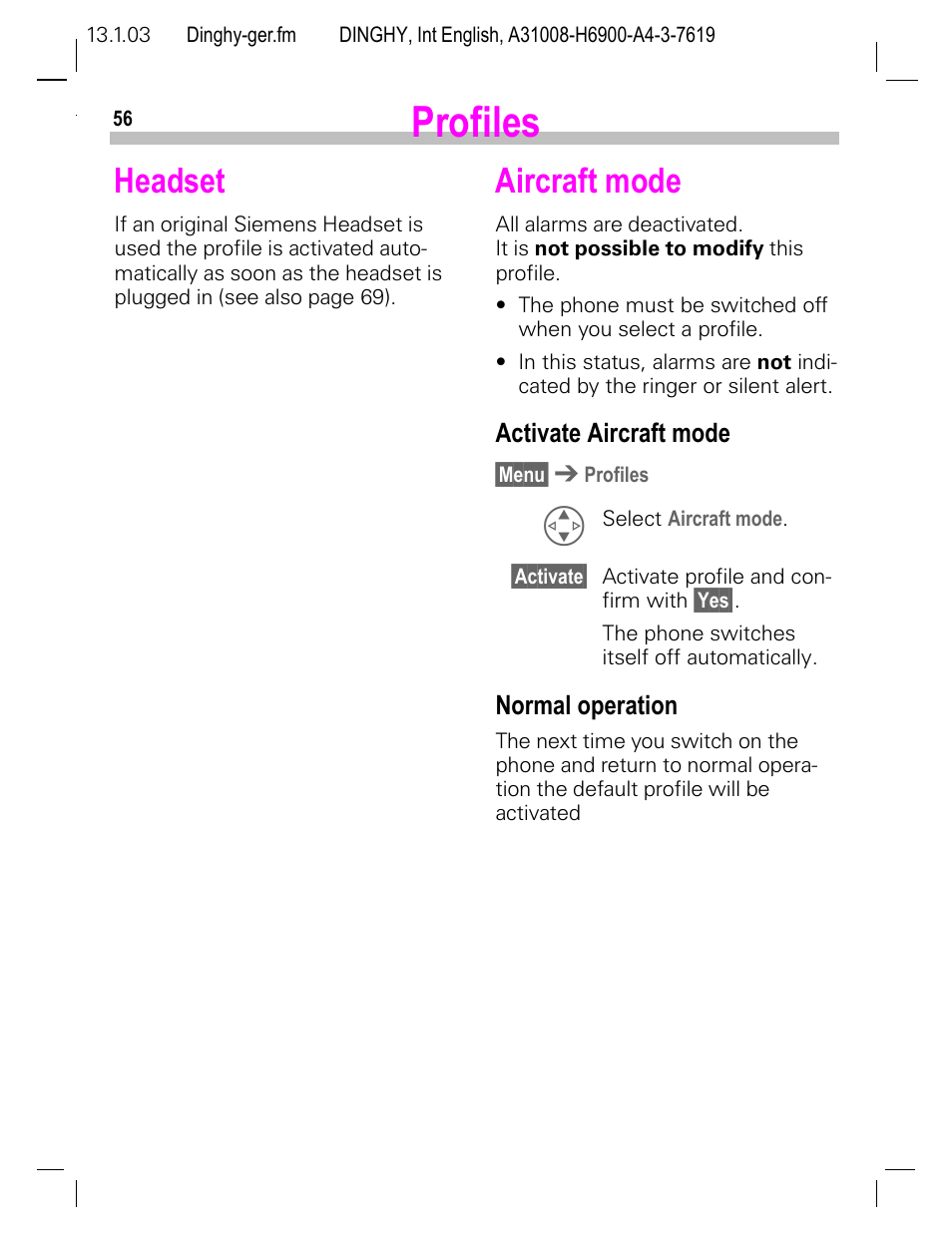 Headset, Aircraft mode, Activate aircraft mode | Normal operation, P. 56), Profiles | Siemens CL50 User Manual | Page 57 / 86