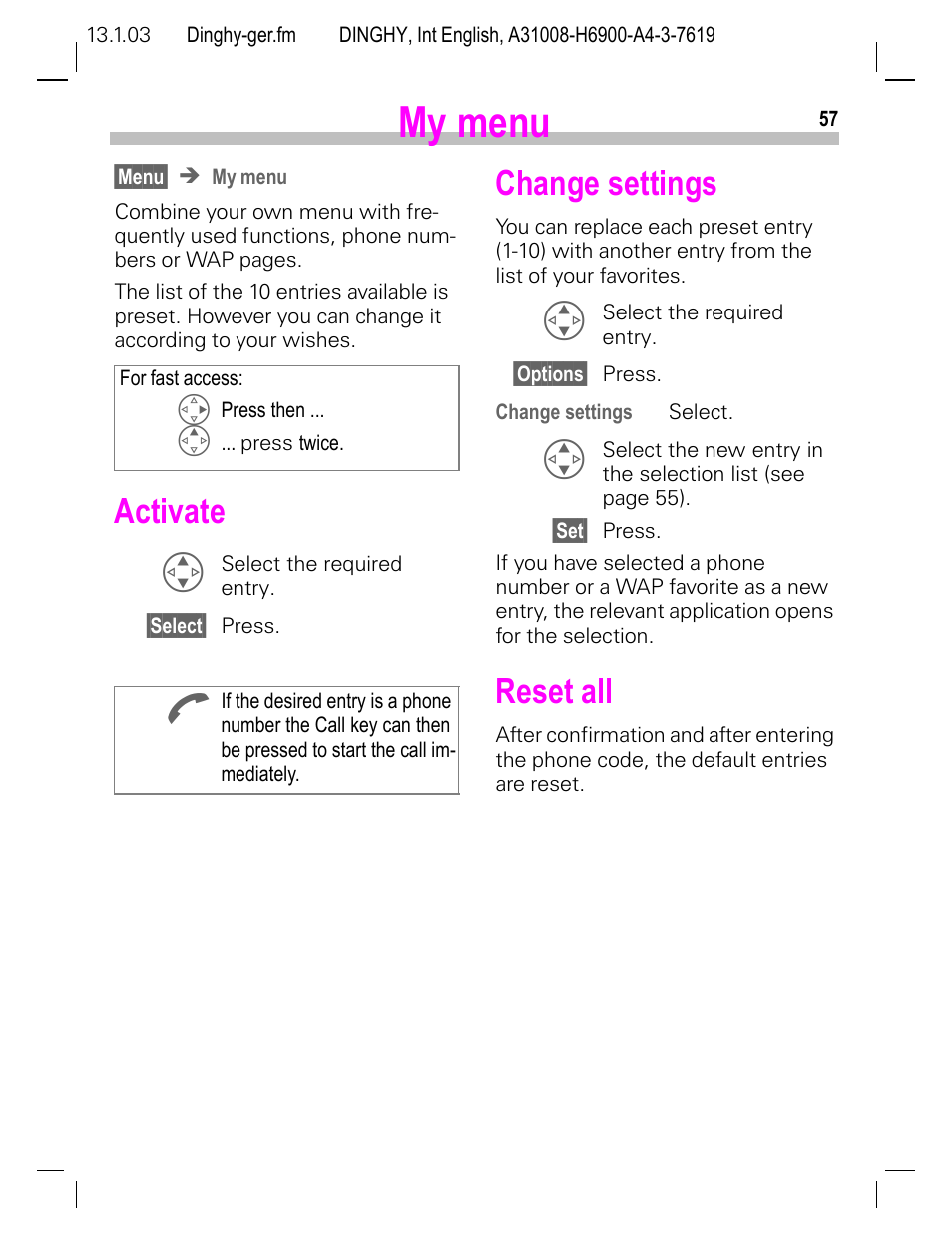 My menu, Activate, Change settings | Reset all | Siemens CL50 User Manual | Page 58 / 86