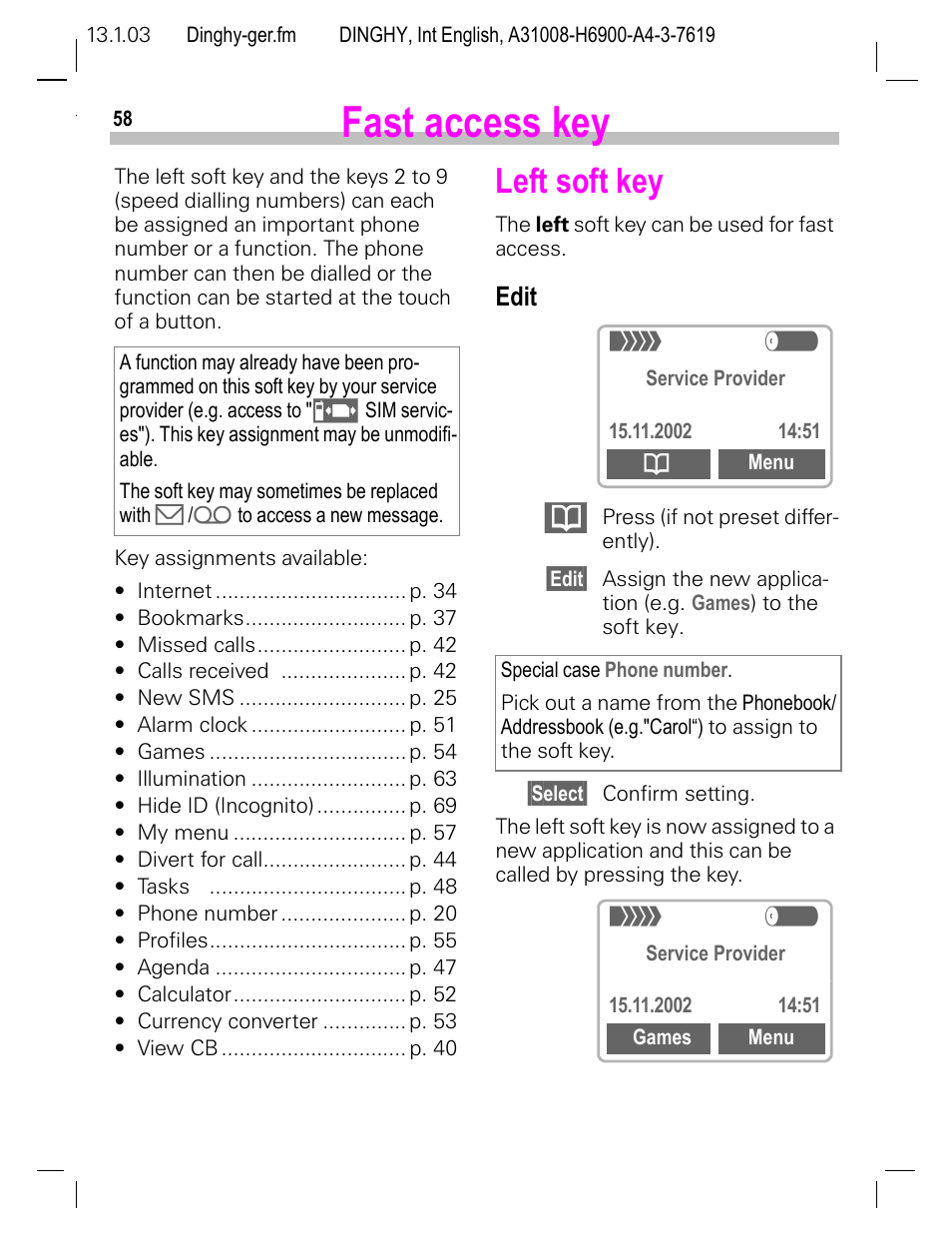 Fast access key, Left soft key, Edit | Siemens CL50 User Manual | Page 59 / 86