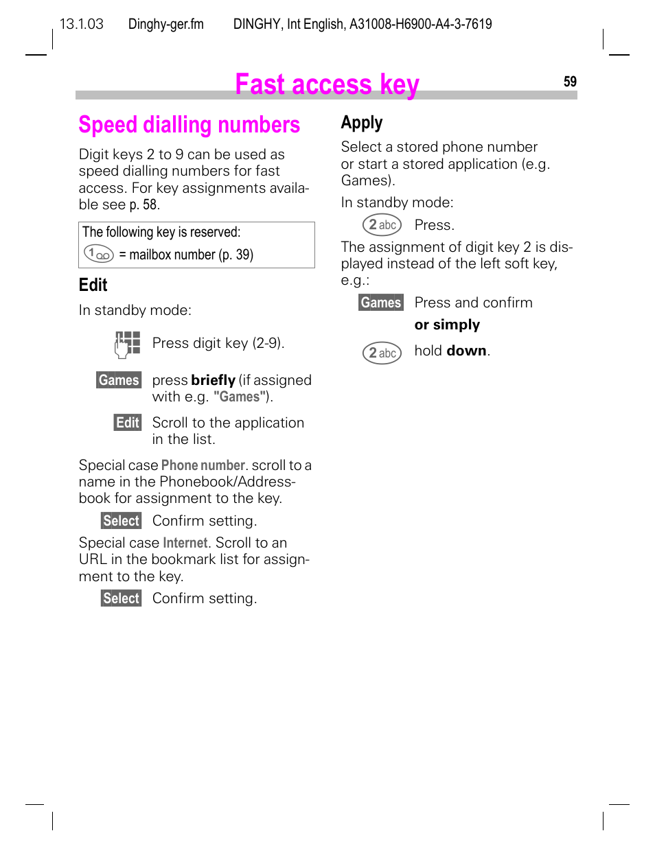 Speed dialling numbers, Apply, Fast access key | Siemens CL50 User Manual | Page 60 / 86