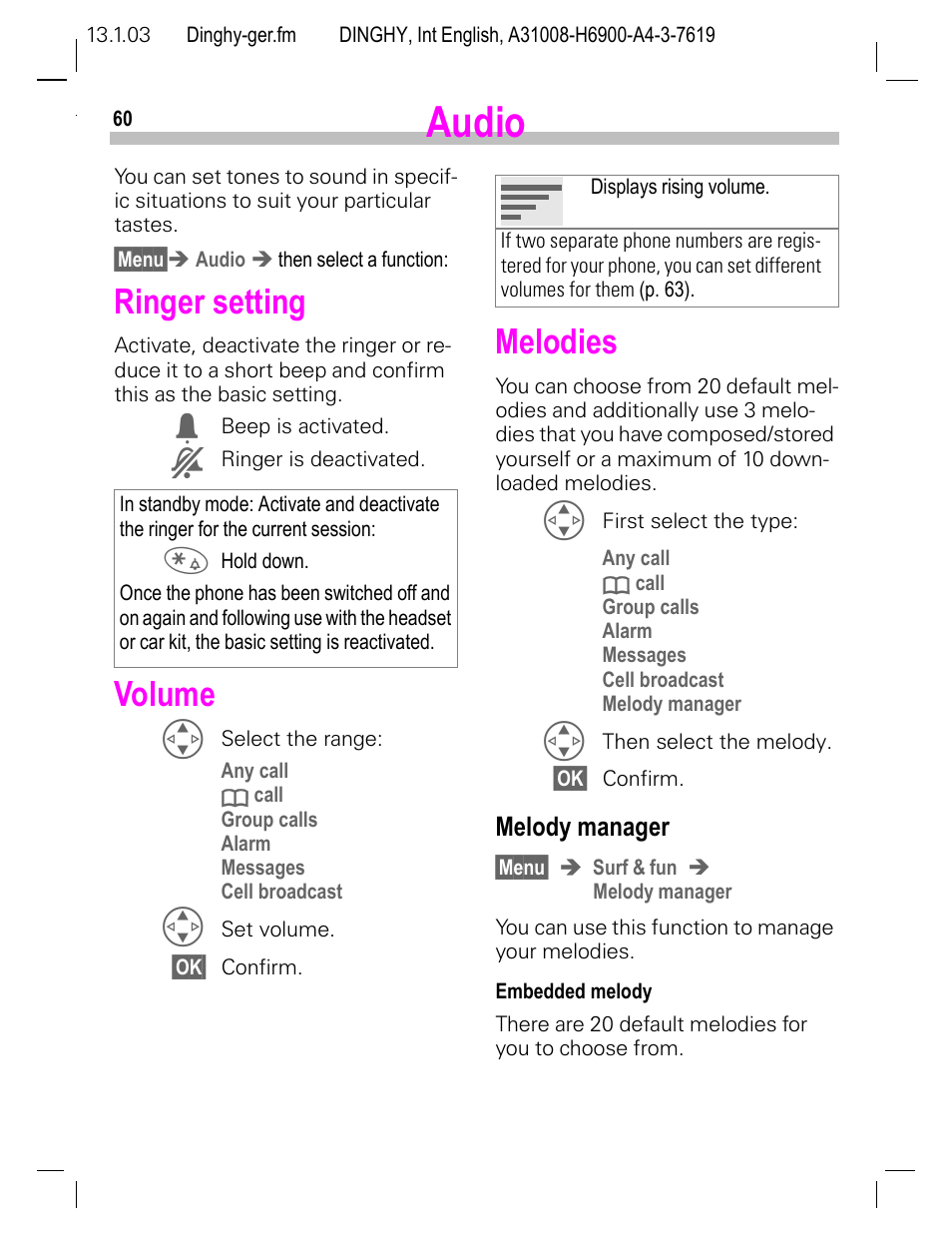 Audio, Ringer setting, Volume | Melodies, Melody manager, P. 60), Dy (p. 60), P. 60 | Siemens CL50 User Manual | Page 61 / 86