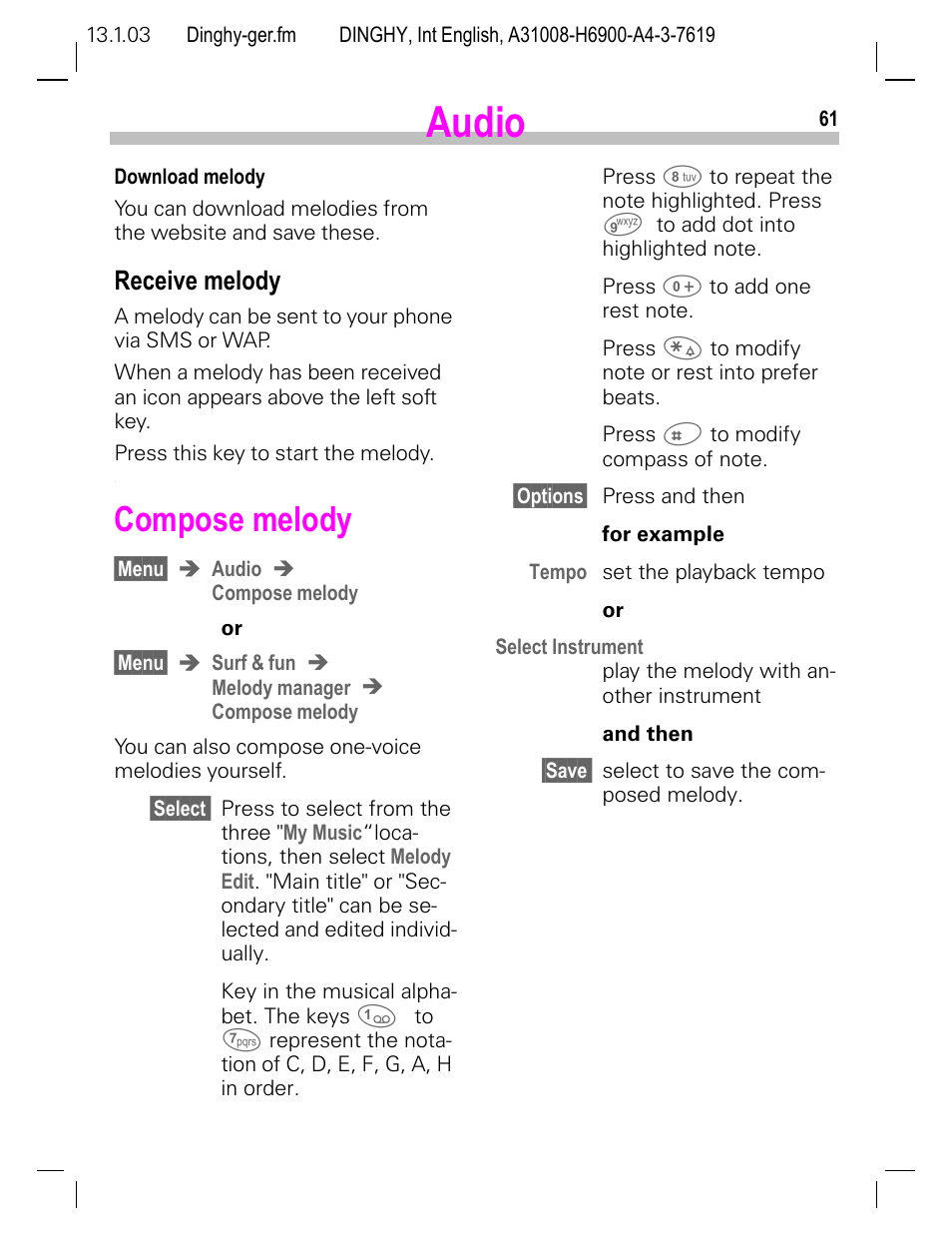 Receive melody, Compose melody, Audio | Siemens CL50 User Manual | Page 62 / 86