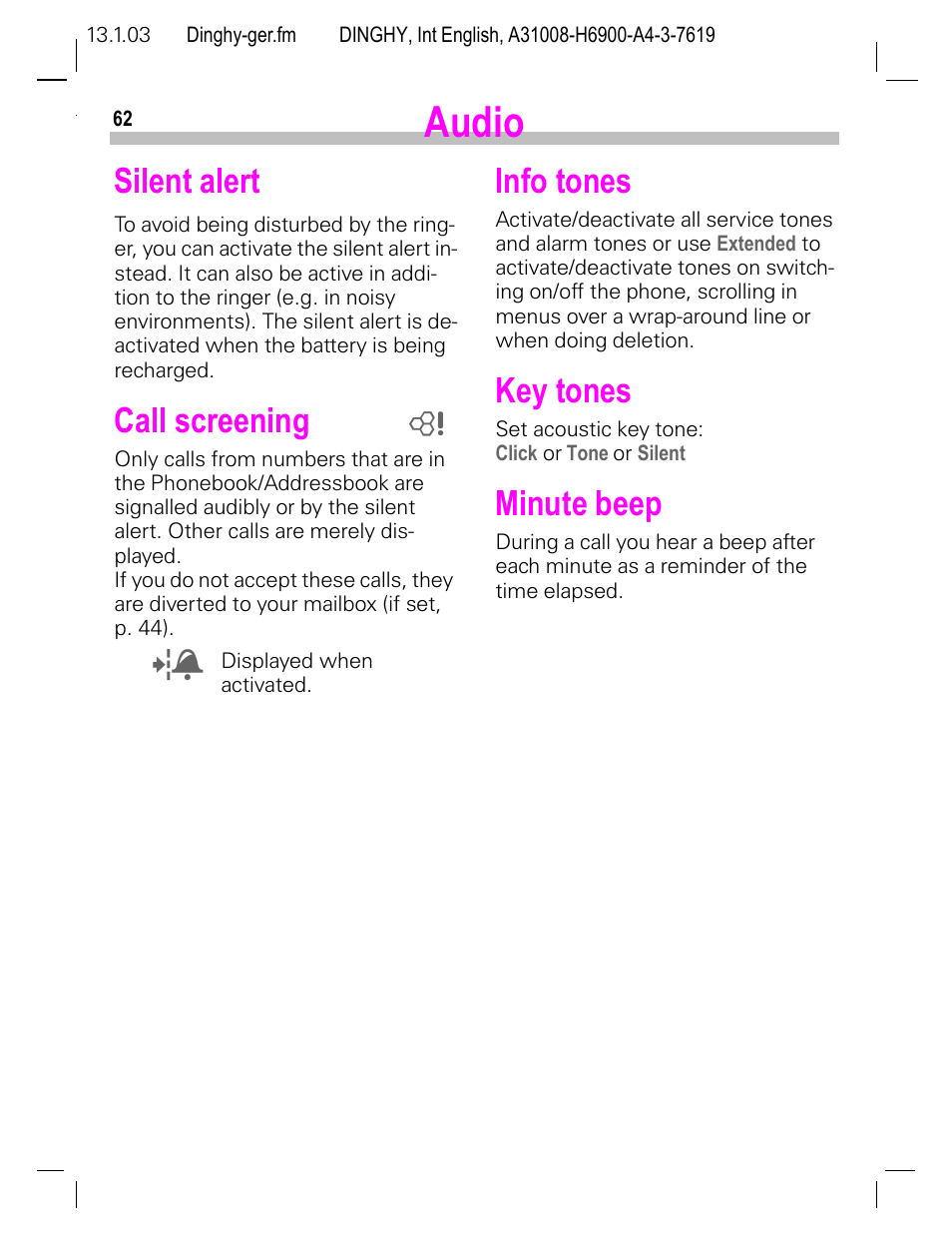 Silent alert, Call screening, Info tones | Key tones, Minute beep, Call screening info tones key tones minute beep, P. 62, Audio | Siemens CL50 User Manual | Page 63 / 86