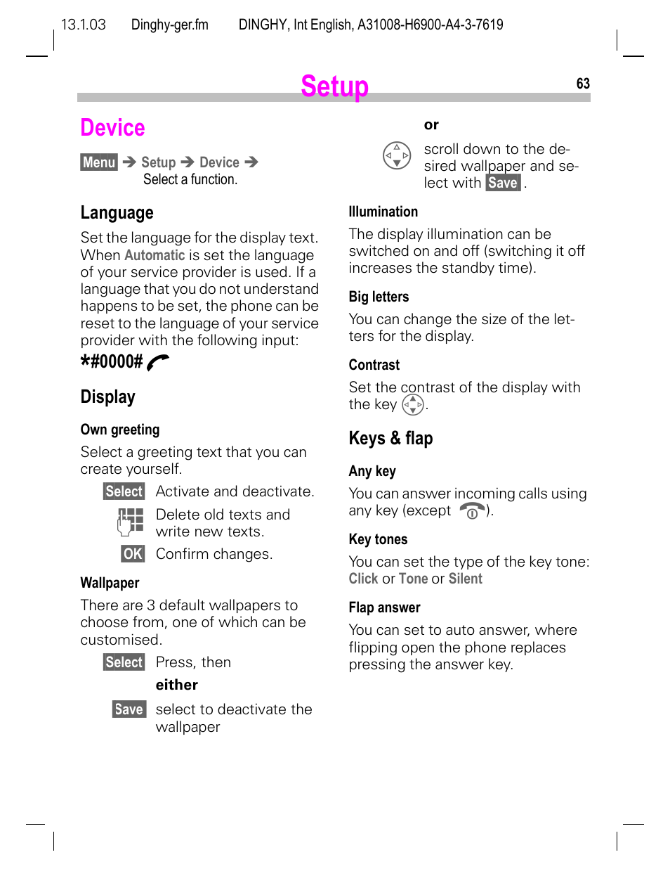 Setup, Device, Language | Display, Keys & flap, P. 63 | Siemens CL50 User Manual | Page 64 / 86