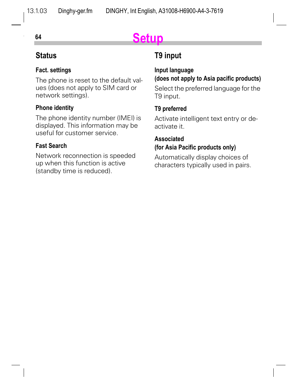 Status, T9 input, Setup | Siemens CL50 User Manual | Page 65 / 86