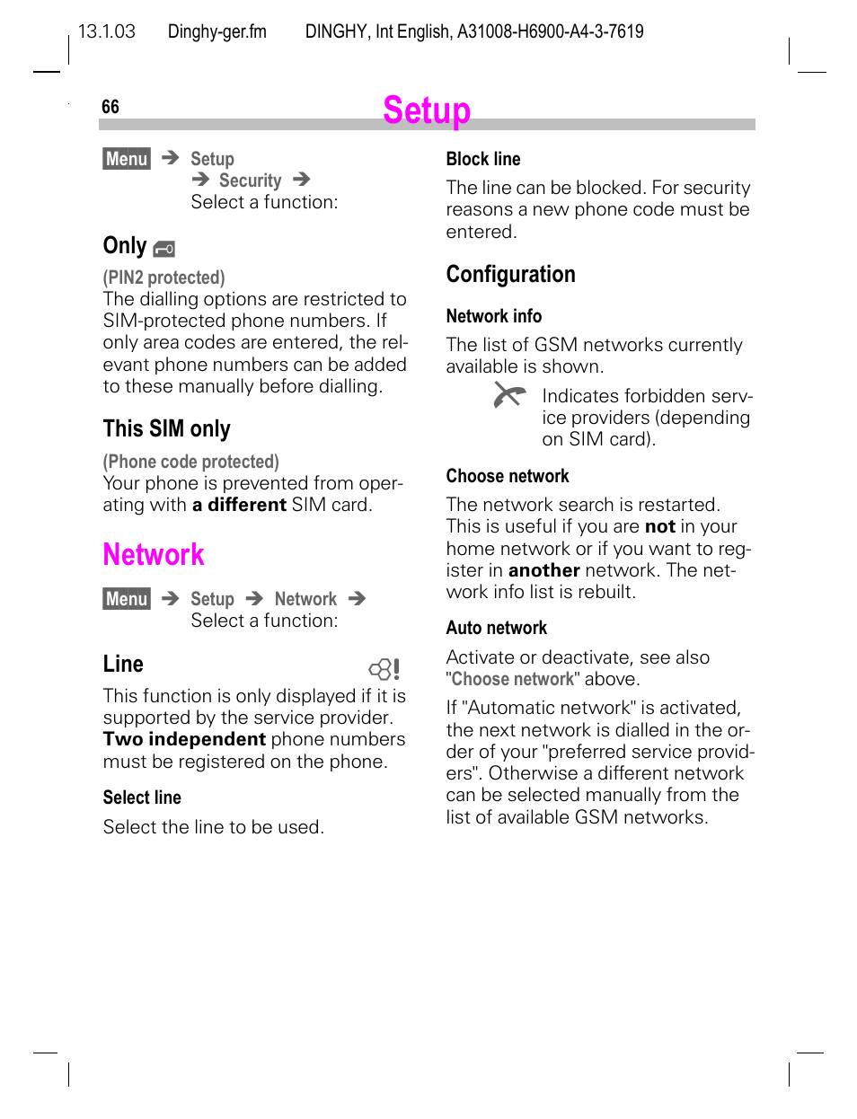 Only, This sim only, Network | Line, Configuration, Setup | Siemens CL50 User Manual | Page 67 / 86