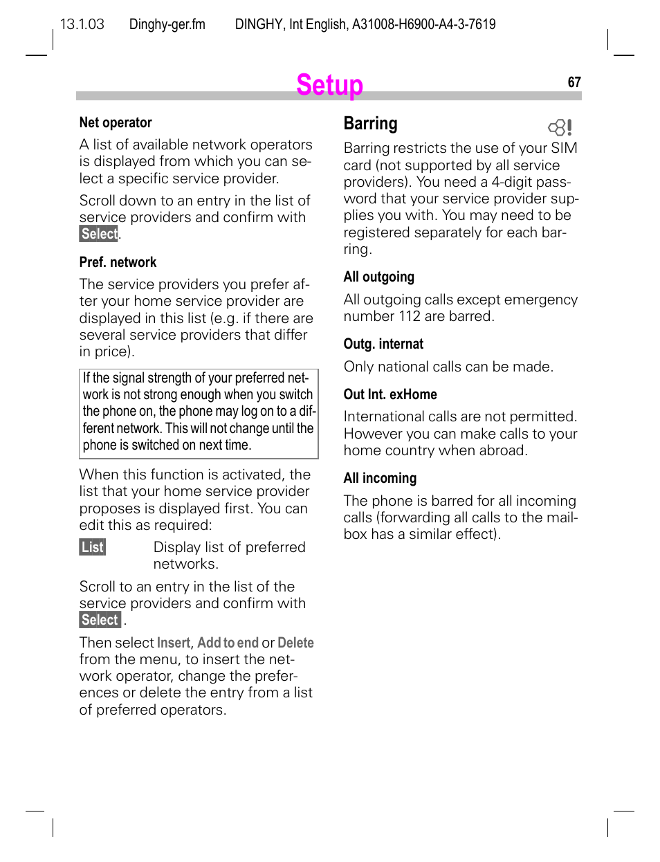 Barring, Setup | Siemens CL50 User Manual | Page 68 / 86