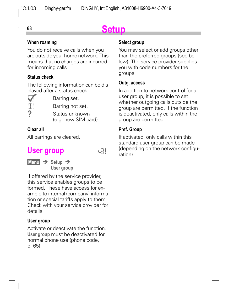 User group, Setup | Siemens CL50 User Manual | Page 69 / 86