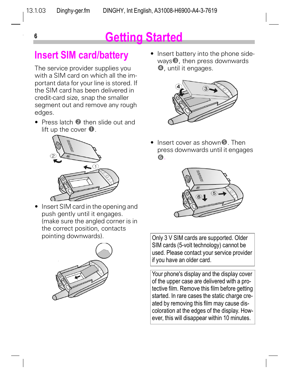 Getting started, Insert sim card/battery | Siemens CL50 User Manual | Page 7 / 86