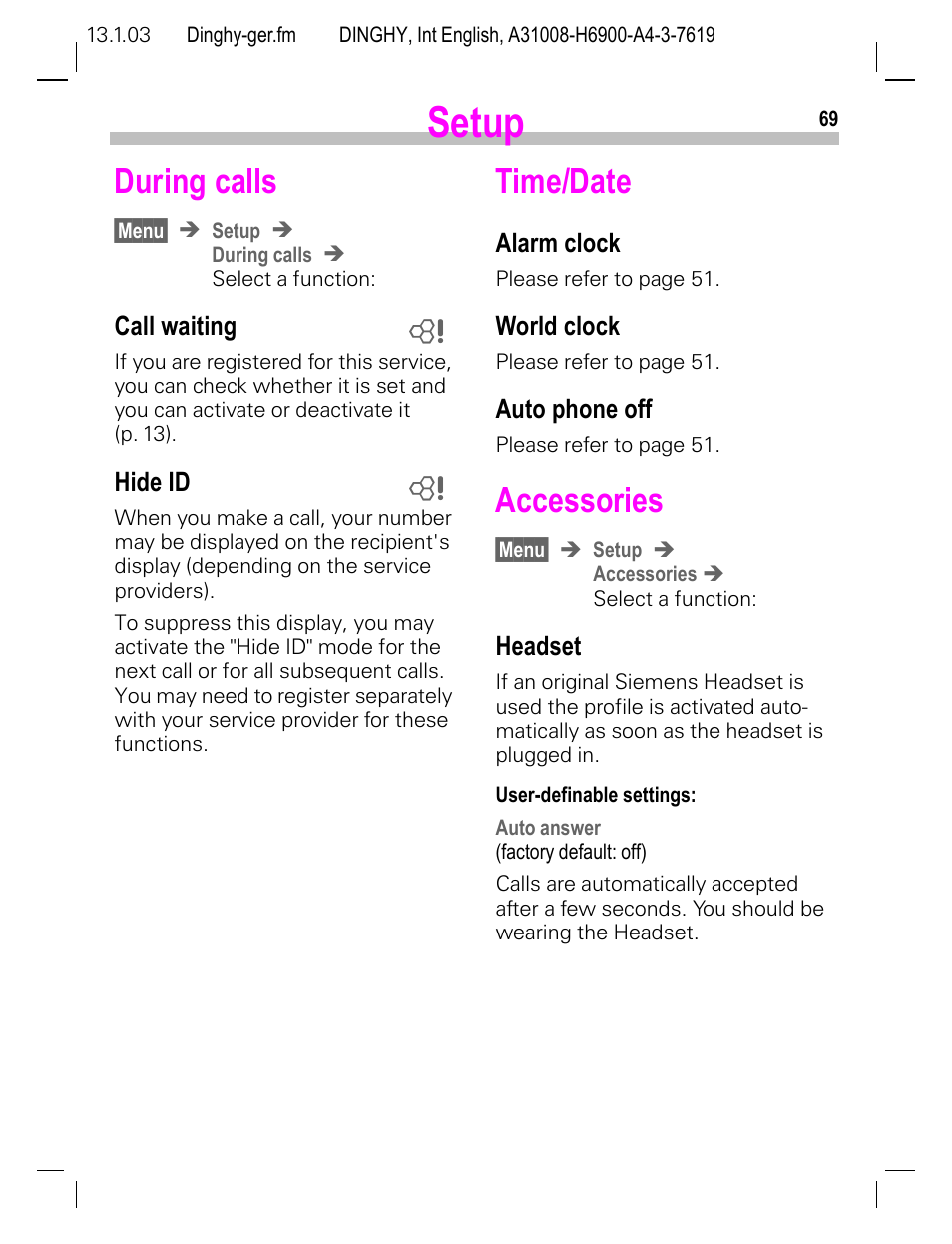 During calls, Call waiting, Hide id | Time/date, Alarm clock, World clock, Auto phone off, Accessories, Headset, P. 69 | Siemens CL50 User Manual | Page 70 / 86