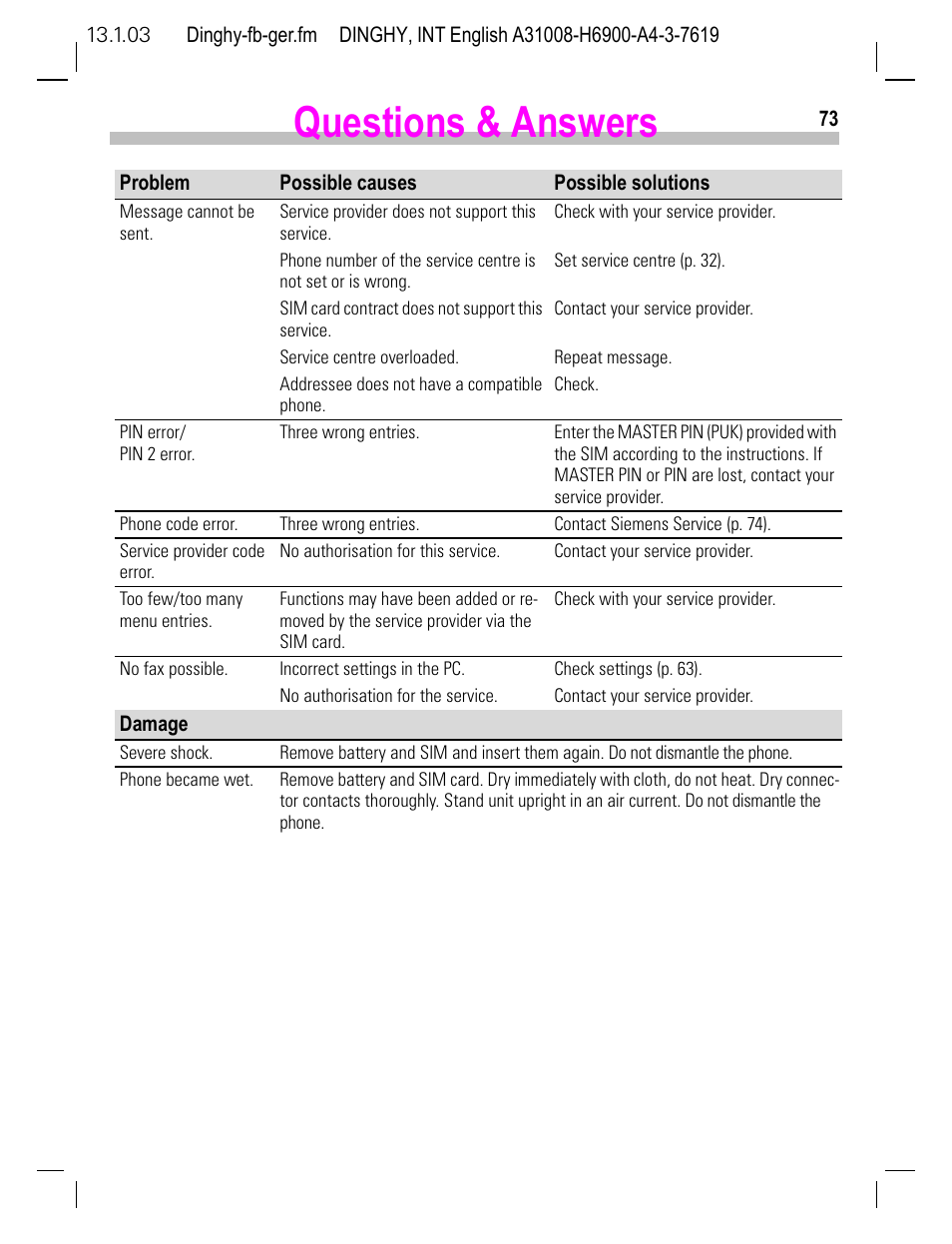 Rd is barred (p. 73), Questions & answers | Siemens CL50 User Manual | Page 74 / 86