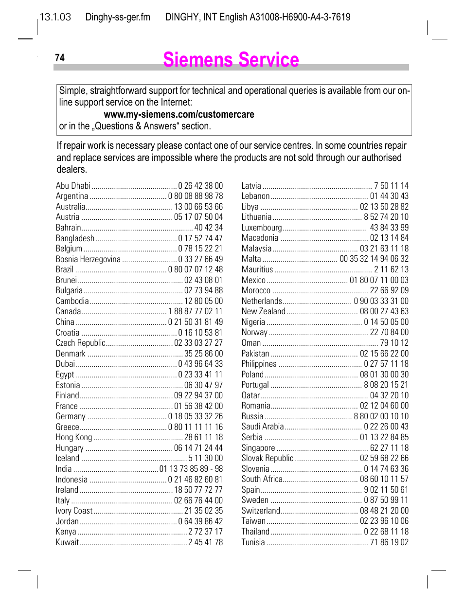 Siemens service | Siemens CL50 User Manual | Page 75 / 86