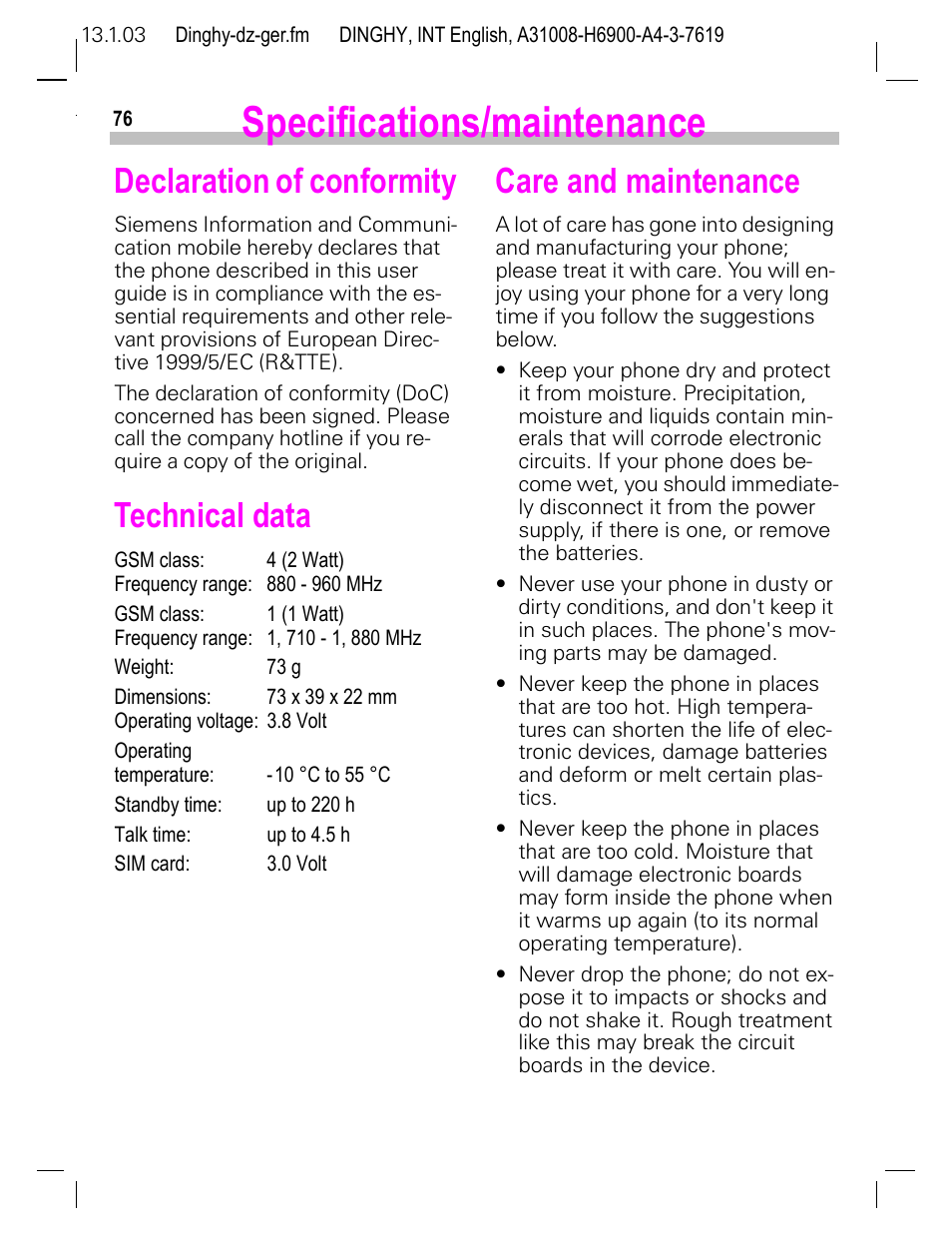 Specifications/maintenance, Declaration of conformity, Technical data | Care and maintenance | Siemens CL50 User Manual | Page 77 / 86