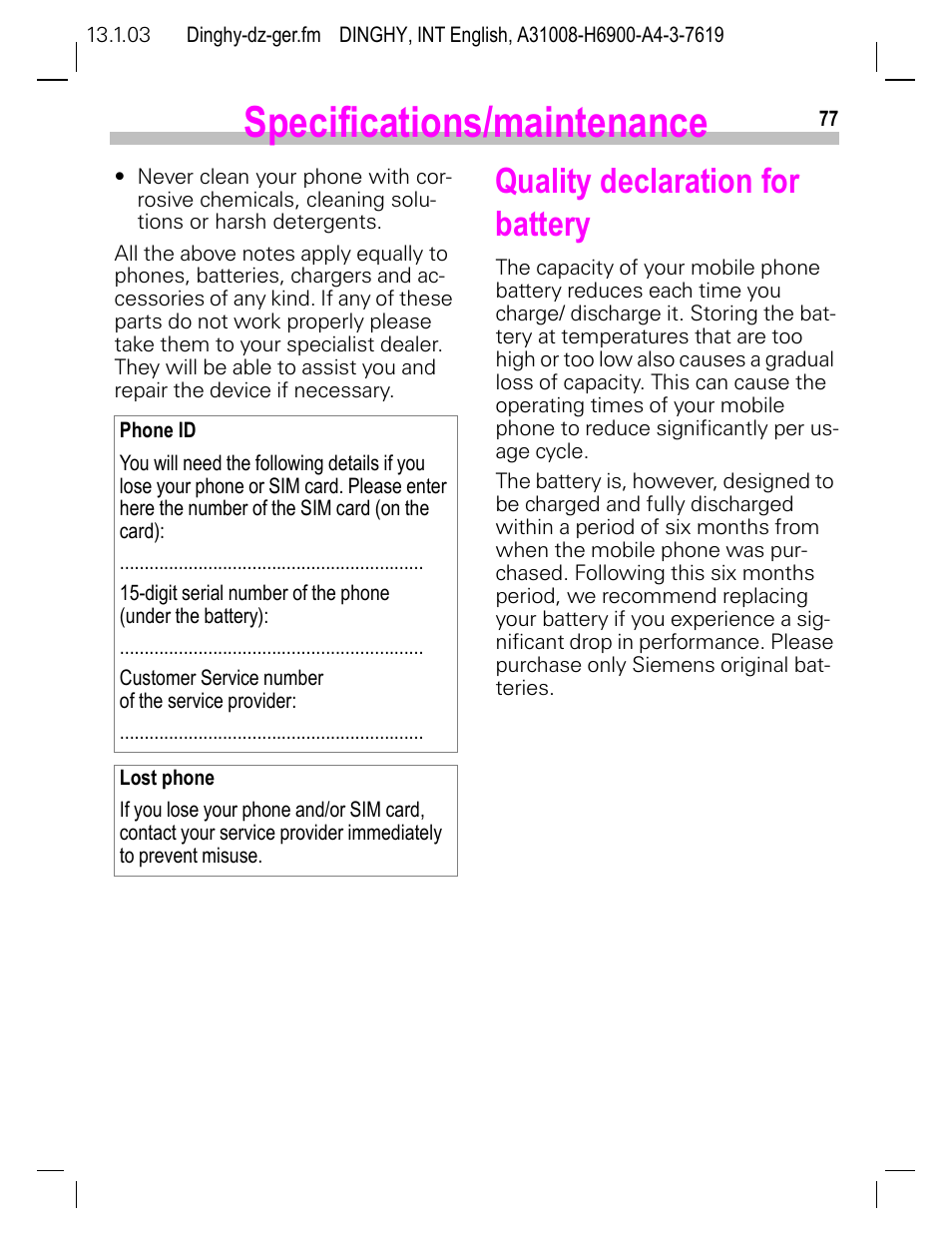 Quality declaration for battery, Quality declaration for battery. 77, Specifications/maintenance | Siemens CL50 User Manual | Page 78 / 86