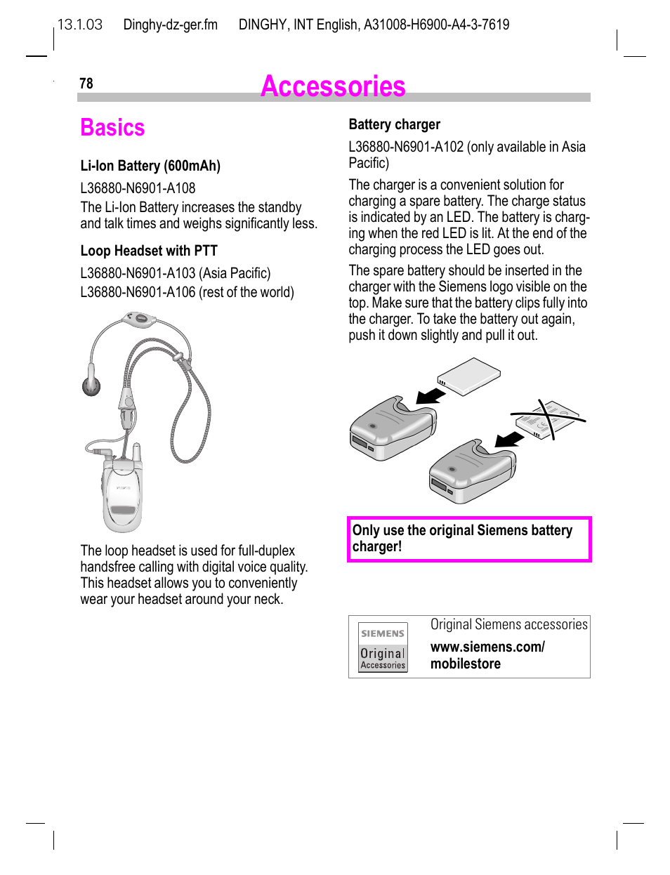 Accessories, Basics | Siemens CL50 User Manual | Page 79 / 86