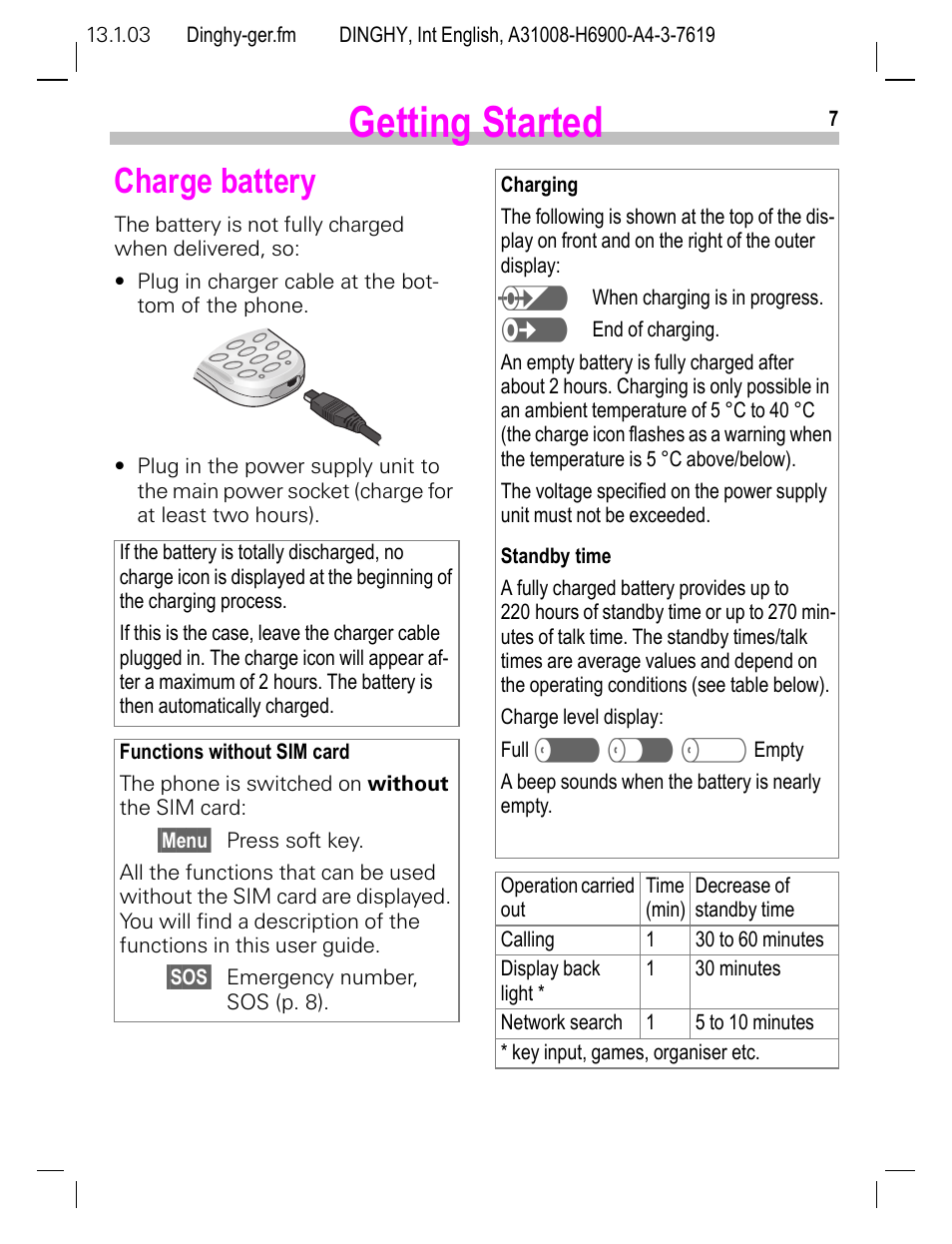 Charge battery, Getting started | Siemens CL50 User Manual | Page 8 / 86